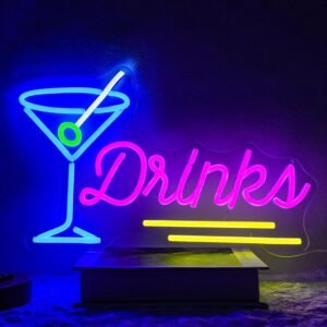 Drinks Neon Sign with Cocktail Glass – Dimmable LED Wall Light for Home Bar, Pub, Café & Party Décor