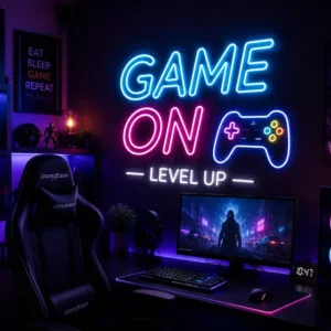 Game On Level Up Neon Sign – Multicolour LED Light for Gaming Room 36In x 24In