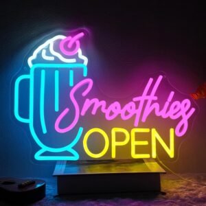Smoothies Open Neon Sign – Dimmable LED Wall Light for Juice Bar, Café, Dessert Shop & Beverage Store Décor