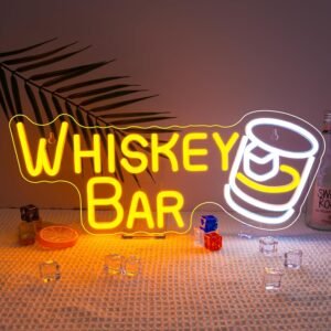 Whiskey Bar Neon Sign with Glass – LED Wall Light for Home Bar, Pub, Restaurant, Café & Man Cave Décor
